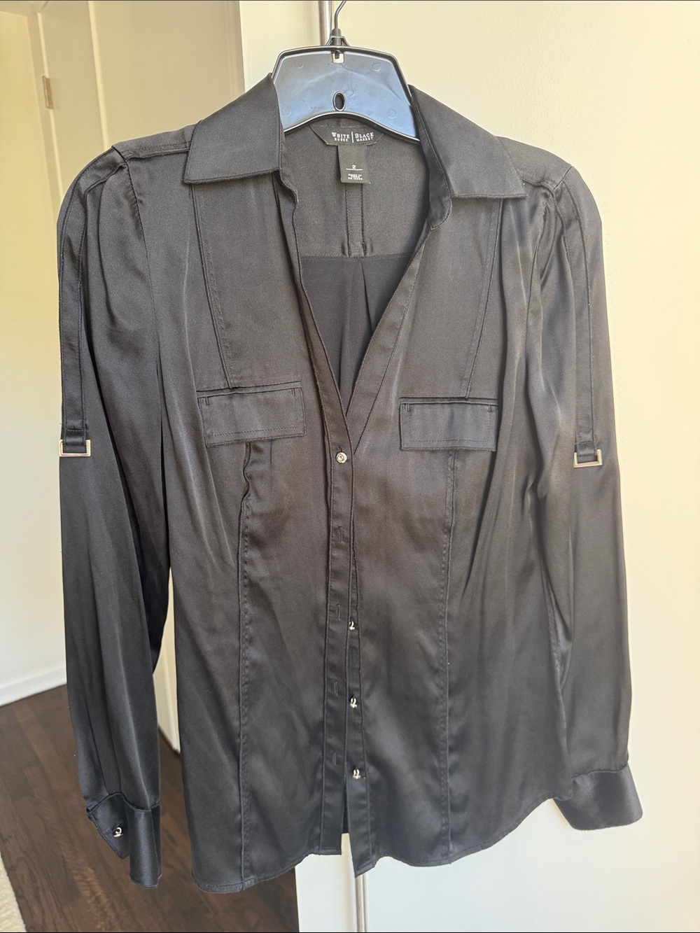 White House Black Market Black Satin Button-Front Blouse
